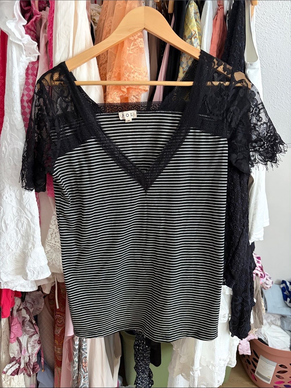 POL Black and White Striped V-Neck Lace-Sleeve Tee